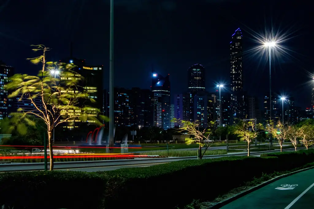 Abu Dhabi skyline at night seen from the Corniche