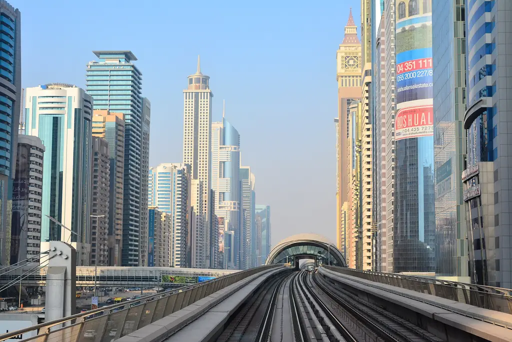 Towers along Sheikh Zayed Road in Dubai seen from the Dubai Metro line