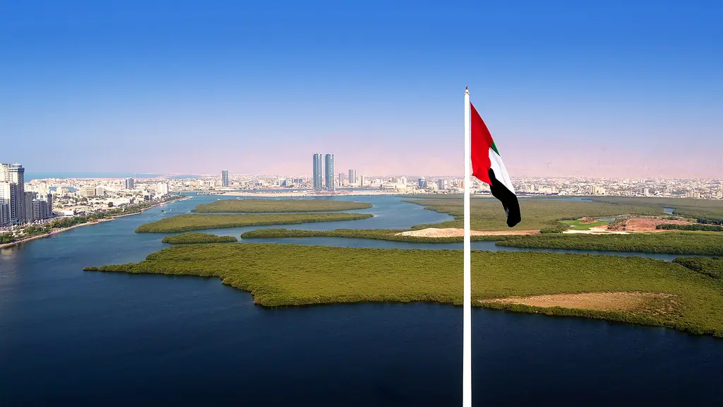 Aerial view of Ras Al Khaimah city and its mangrove creek beside the UAE flag