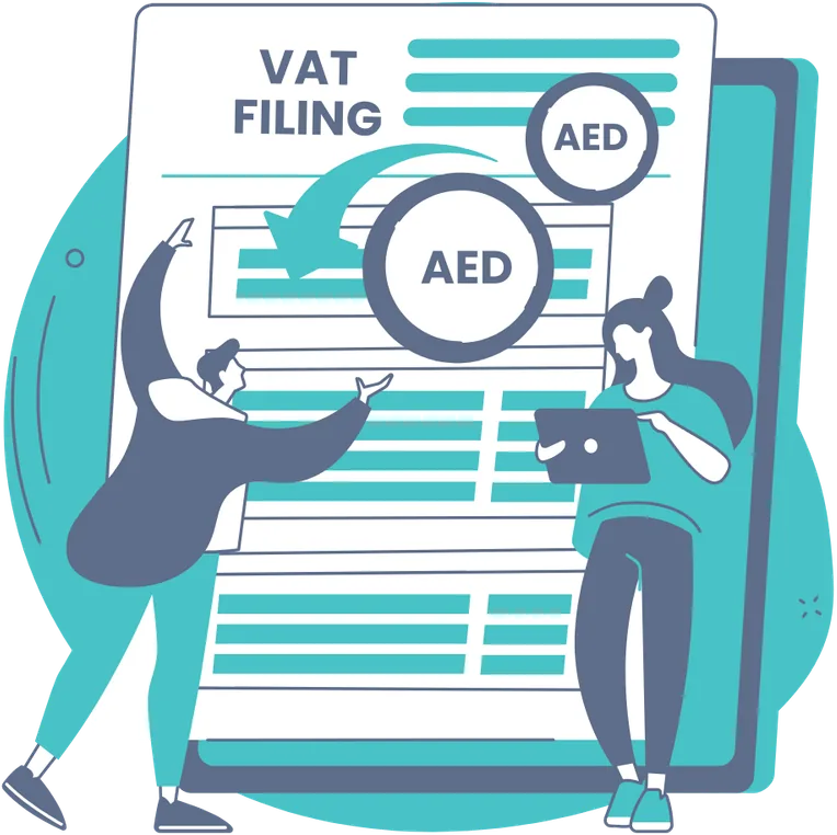 Illustration of two advisers completing a VAT filing form with AED amounts